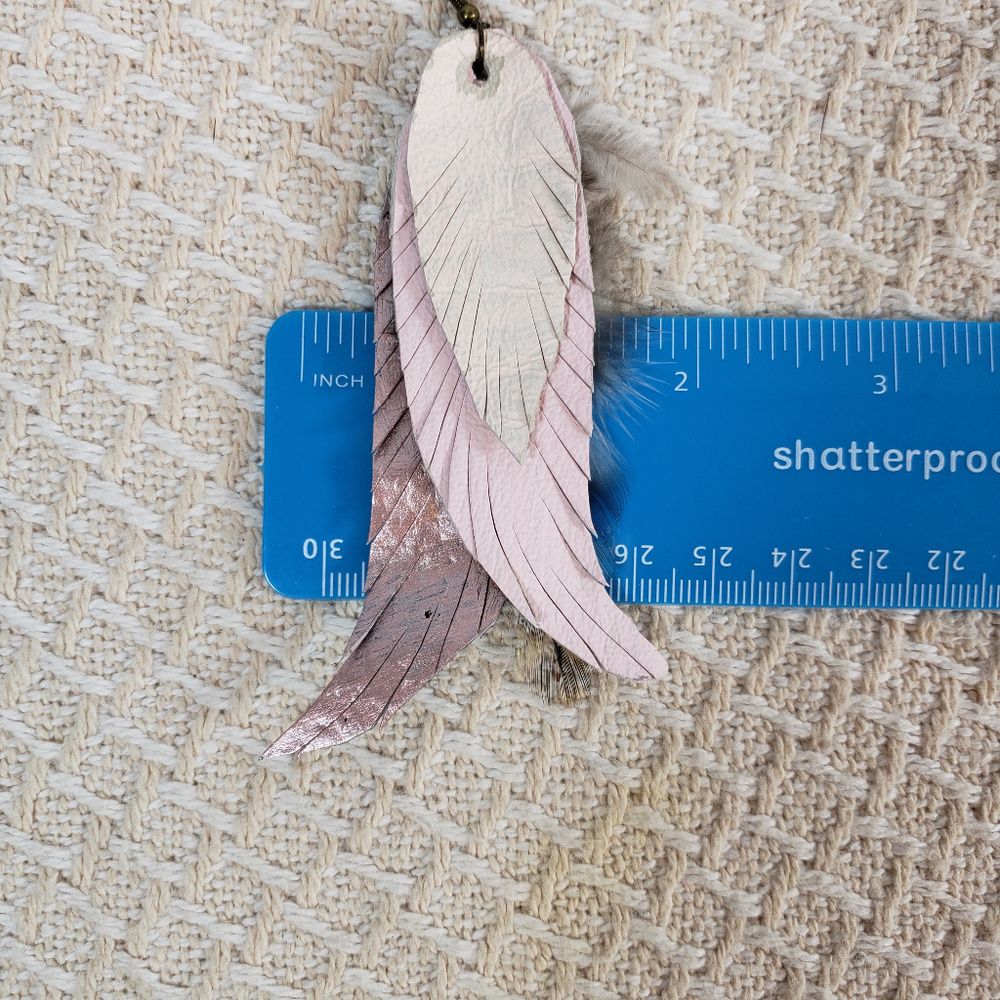 Leather Feather Dangle Earrings Blush Pink Boho - Picture 4 of 4
